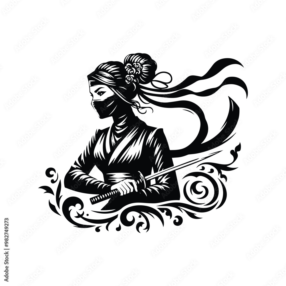 ninja female with victorian flourish decoration in black and white illustrations, cutout graphic ninja female with victorian flourish decoration in black and white illustrations, cutout graphic