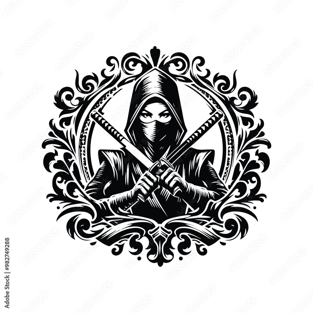 ninja female inside victorian flourish, in black and white illustrations, cutout graphic ninja female inside victorian flourish, in black and white illustrations, cutout graphic