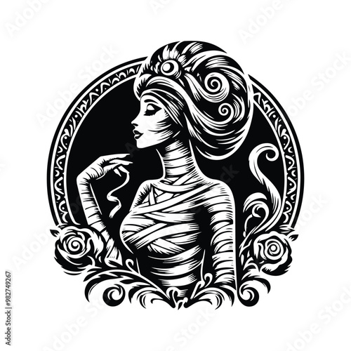 mummy female with victorian flourish decoration in black and white illustrations, cutout graphic