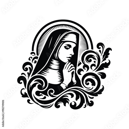 nun inside victorian flourish, in black and white illustrations, cutout graphic