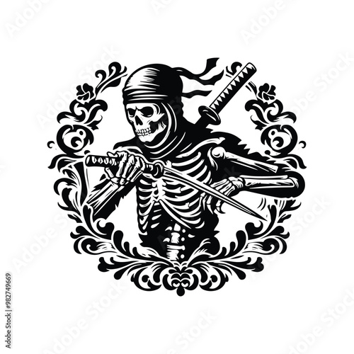 ninja skeleton with victorian flourish, in black and white illustrations, cutout graphic