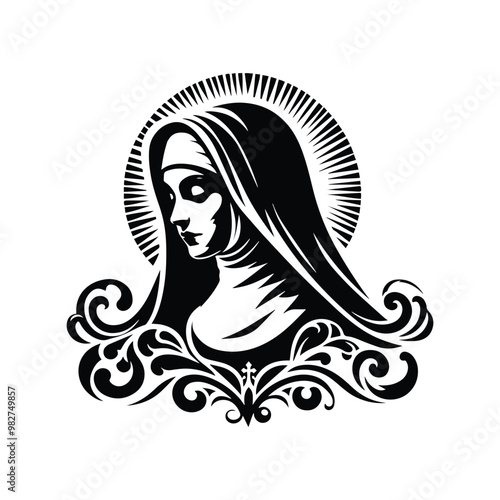 nun with victorian flourish decoration in black and white illustrations, cutout graphic