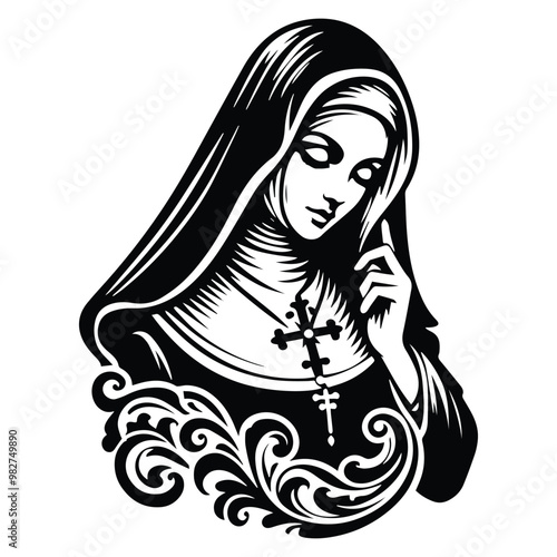nun with victorian flourish decoration in black and white illustrations, cutout graphic