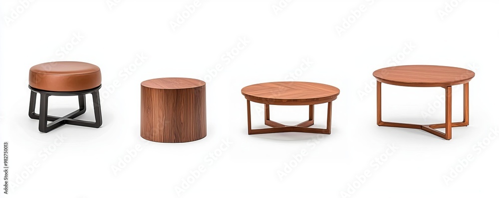 A collection of modern coffee tables featuring various shapes and materials, perfect for contemporary home decor.