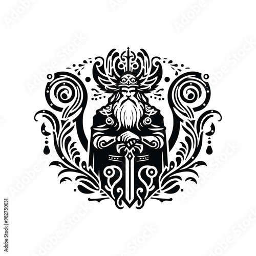 odin nordic god with victorian flourish decoration in black and white illustrations, cutout graphic