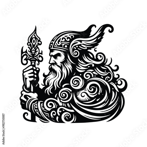 odin nordic god with victorian flourish decoration in black and white illustrations, cutout graphic