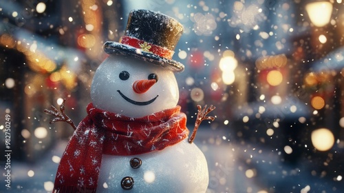 Realistic 3D snowman wearing a red scarf and top hat, with falling snowflakes and a festive, winter-themed background