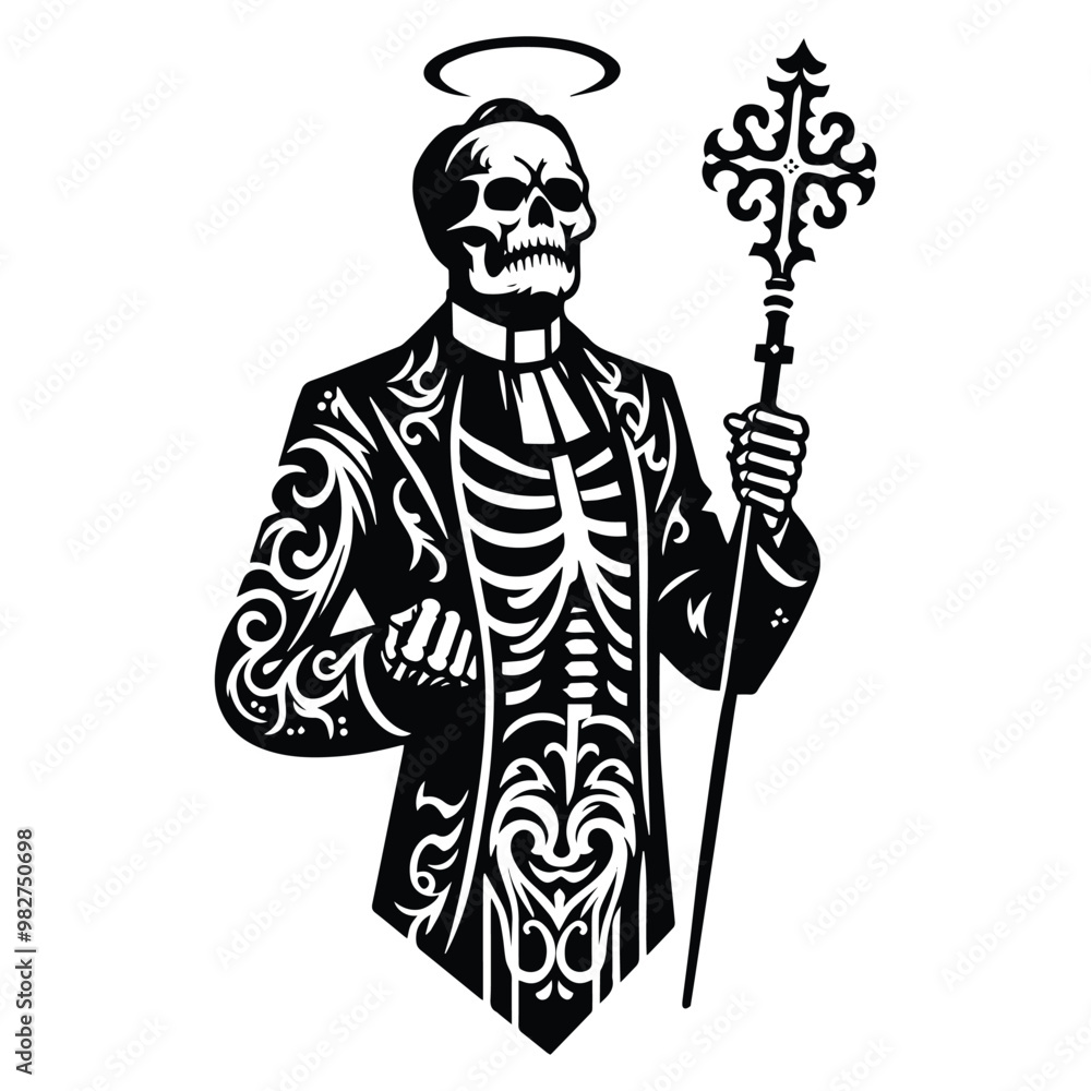 Obraz premium pastor skeleton with victorian flourish decoration in black and white illustrations, cutout graphic