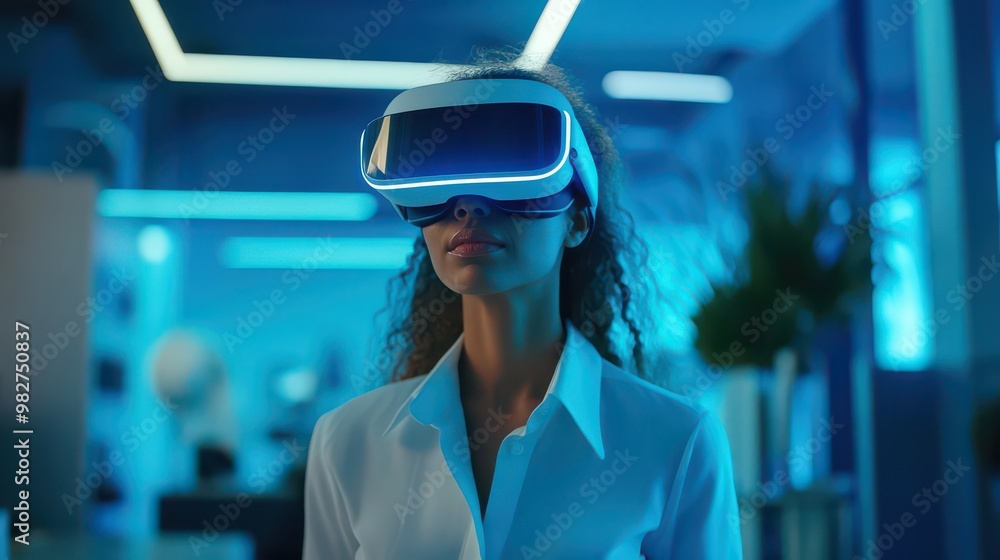 Professional using a virtual reality headset in a tech-forward office Professional using a virtual reality headset in a tech-forward office