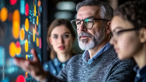 A senior employee guiding younger colleagues through a digital presentation in a contemporary, minimalist office. The image is taken from a distant angle, partially obscured by a blurred object in