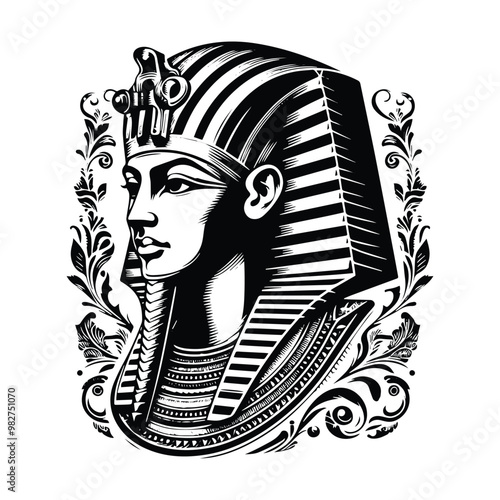 Pharaoh in victorian flourish decoration in black and white illustrations, cutout graphic