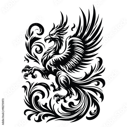 Phoenix with victorian flourish decoration in black and white illustrations, cutout graphic