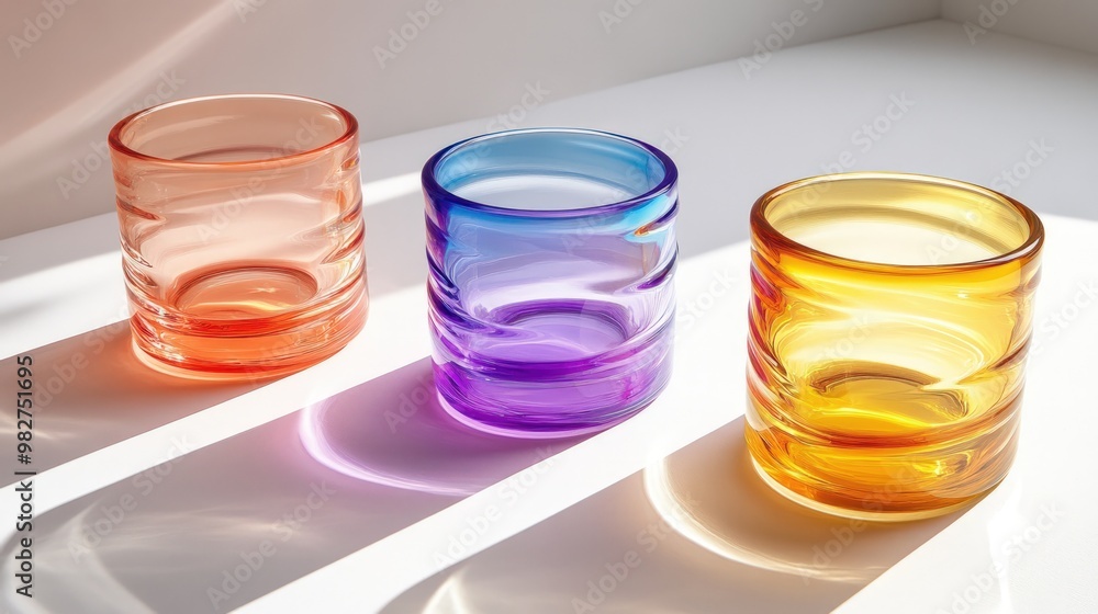 Three colorful glass tumblers on a white surface, with soft light and shadows.