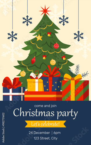 Winter holidays invitation card with Christmas tree, snowflakes and a lot of presents. Vector cute holidays design for print, card, flyer, banner. Merry Christmas 2025 cover