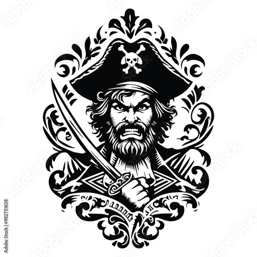 pirate male with victorian flourish decoration in black and white illustrations, cutout graphic