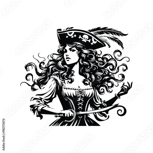 pirate female with victorian flourish decoration in black and white illustrations, cutout graphic