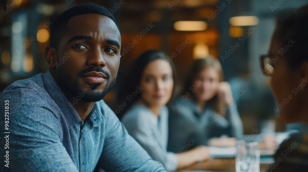 Leader guiding a team meeting with confident body language Leader guiding a team meeting with confident body language