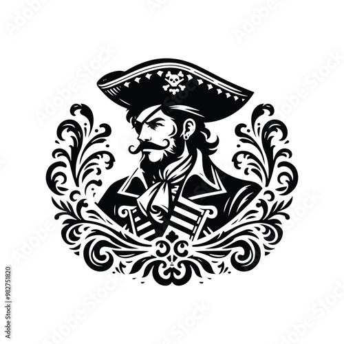 pirate male with victorian flourish decoration in black and white illustrations, cutout graphic