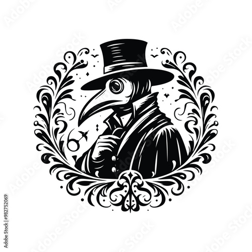 Plague Doctor with victorian flourish decoration in black and white illustrations, cutout graphic