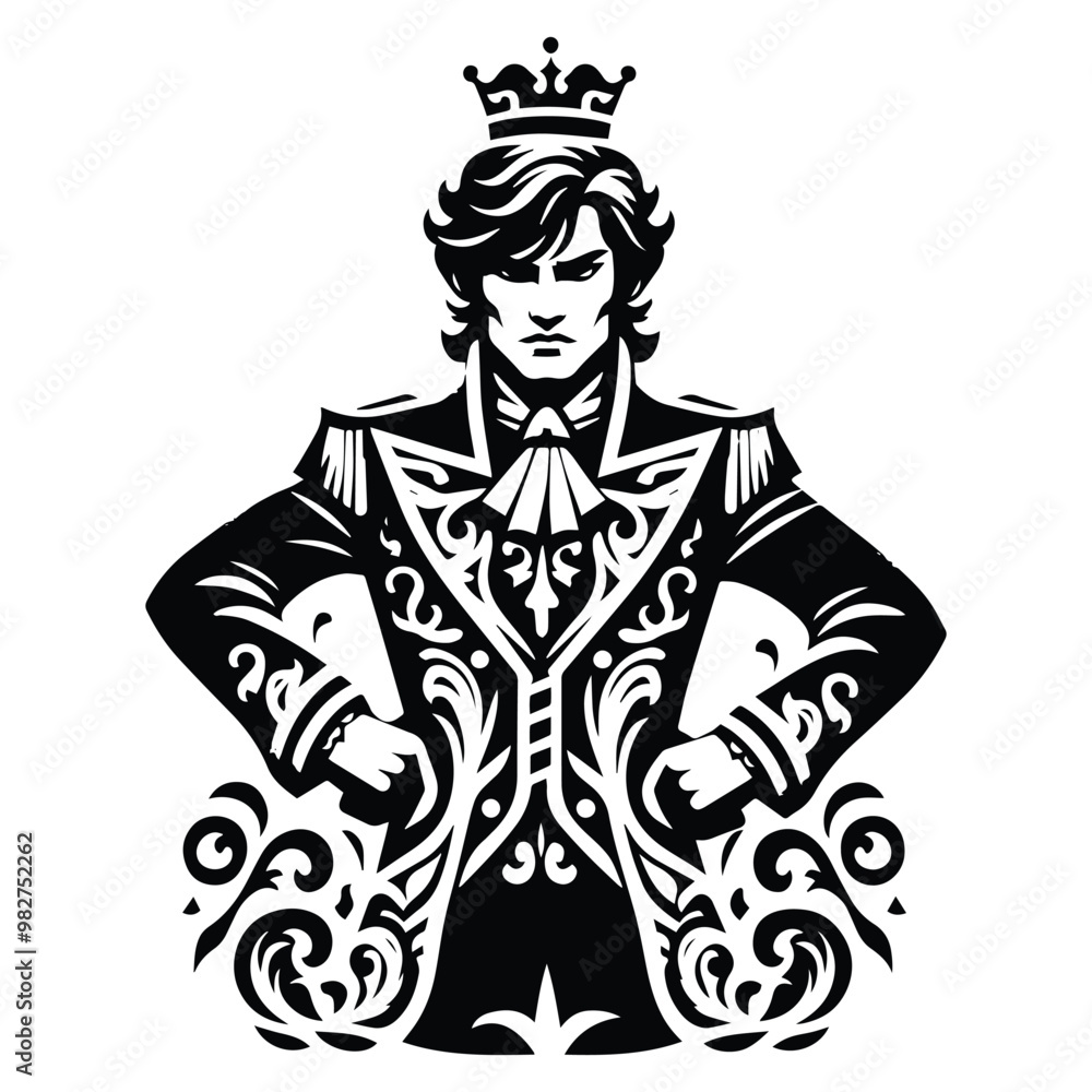 prince with victorian flourish decoration in black and white illustrations, cutout graphic