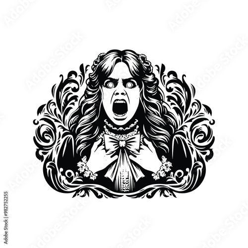 possess girl horror with victorian flourish in black and white illustrations, cutout graphic black and white illustration