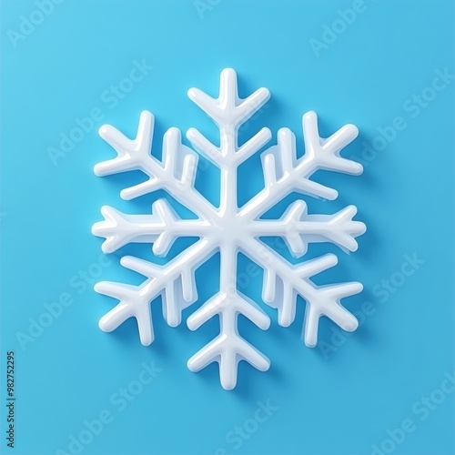 Three-dimensional illustration of a minimalistic snowflake icon in white and blue, with a glossy finish and isolated on a bright blue background