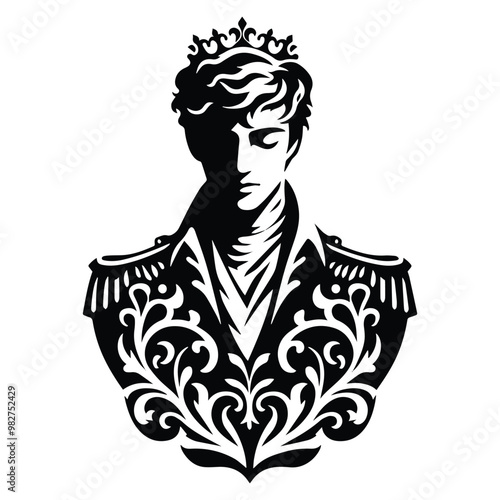 prince with victorian flourish decoration in black and white illustrations, cutout graphic