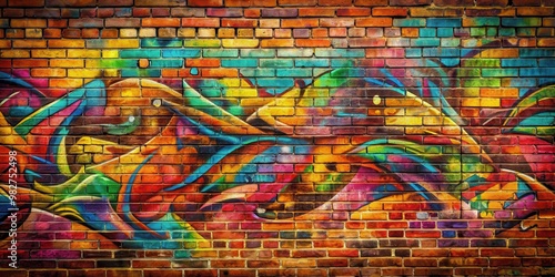 Abstract graffiti background on a brick wall , urban, street art, vibrant, colorful, spray paint, graffiti art
