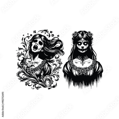 possess girl horror with victorian flourish decoration in black and white illustrations, cutout graphic black and white illustration