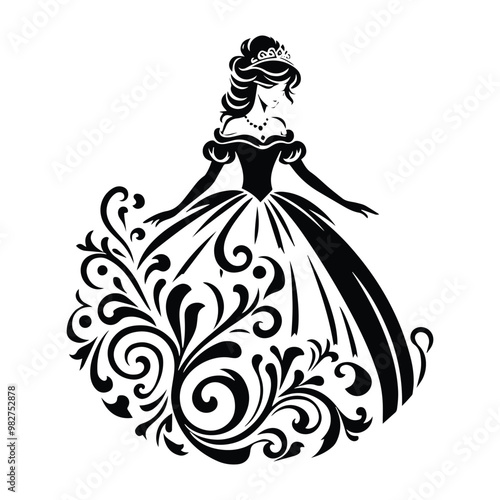 princess with victorian flourish decoration in black and white illustrations, cutout graphic