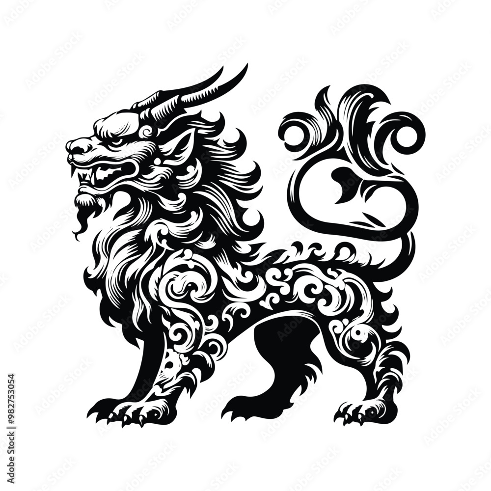 Fototapeta premium Qilin with victorian flourish decoration in black and white illustrations, cutout graphic