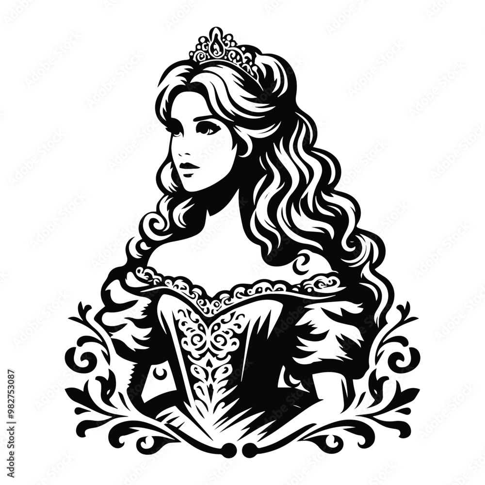 princess with victorian flourish decoration in black and white illustrations, cutout graphic princess with victorian flourish decoration in black and white illustrations, cutout graphic
