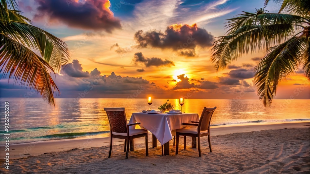 Fototapeta premium Romantic dinner on a tropical beach at sunset , Paradise, ocean, love, romantic, dinner, beach, sunset, getaway, vacation