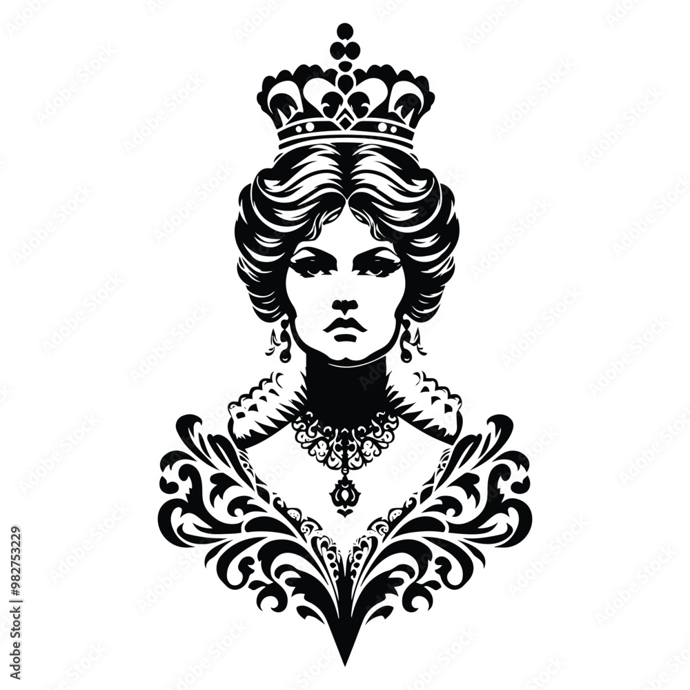 queen with victorian flourish decoration in black and white illustrations, cutout graphic queen with victorian flourish decoration in black and white illustrations, cutout graphic