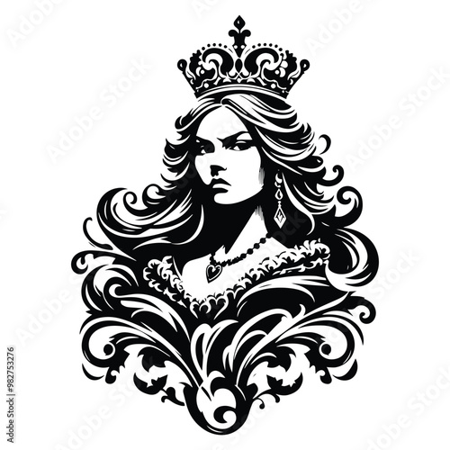 queen with victorian flourish decoration in black and white illustrations, cutout graphic