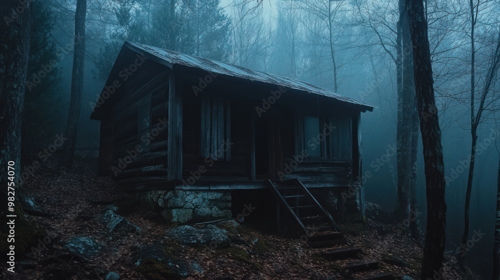 A secluded cabin shrouded in fog amidst a dense forest, evoking mystery and solitude.