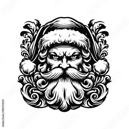 santaclaus with victorian flourish in black and white illustrations, cutout graphic black and white illustration