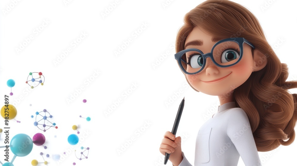 A cheerful animated scientist holding a pen, surrounded by colorful scientific symbols. A cheerful animated scientist holding a pen, surrounded by colorful scientific symbols.