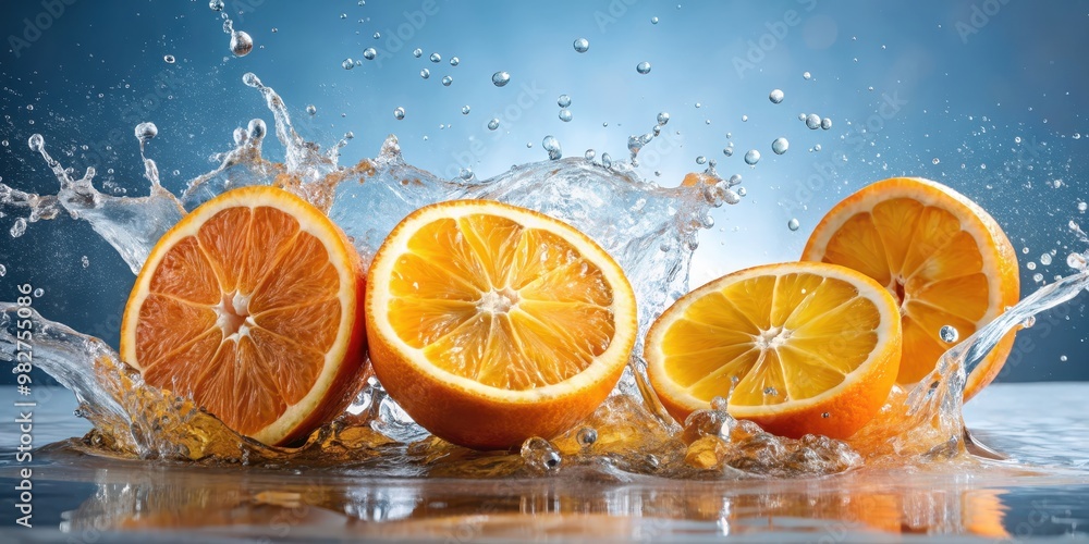 Fresh orange slices splashing with water , vibrant, citrus, refreshing, juicy, fruit, healthy, organic, motion, droplets Fresh orange slices splashing with water , vibrant, citrus, refreshing, juicy, fruit, healthy, organic, motion, droplets