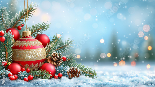 Red and Gold Christmas Ornaments with Pinecones and Berries..