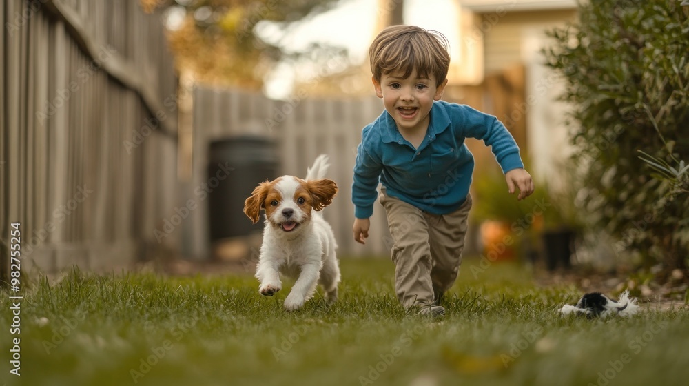 A joyful child running with a playful puppy in a backyard setting. A joyful child running with a playful puppy in a backyard setting.