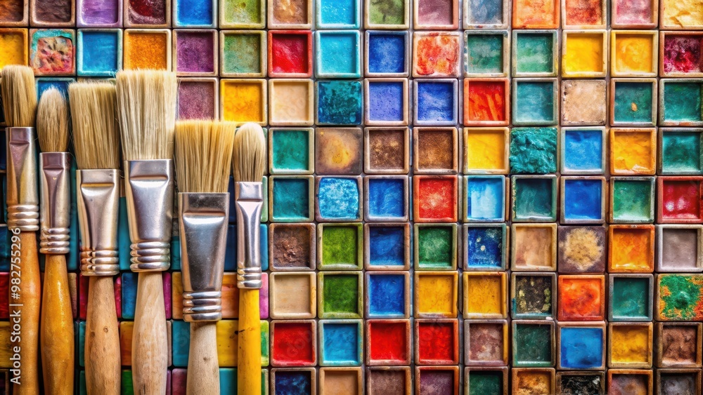 A close-up image of paintbrushes and colorful tiles, paintbrush, tiles, colors, renovation, home improvement, artistic A close-up image of paintbrushes and colorful tiles, paintbrush, tiles, colors, renovation, home improvement, artistic