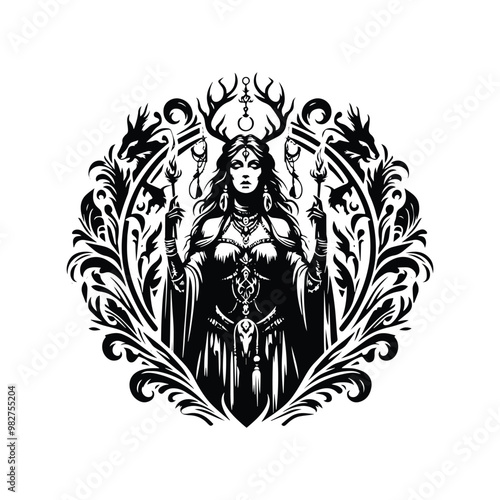 shaman female with victorian flourish, in black and white illustrations, cutout graphic