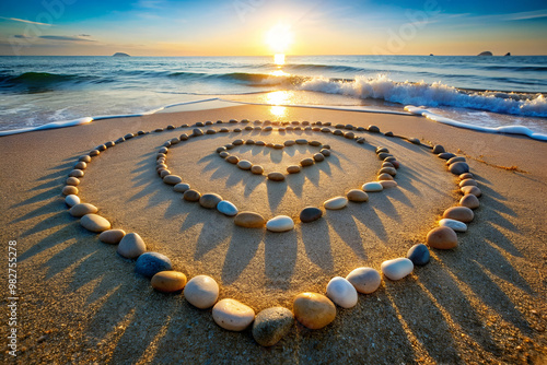 A beach scene with a heart made of rocks. The heart is surrounded by a circle of rocks, and the sun is setting in the background. Concept of peace and tranquility, as the rocks