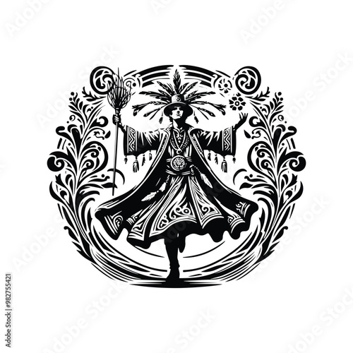 shaman male with victorian flourish, in black and white illustrations, cutout graphic