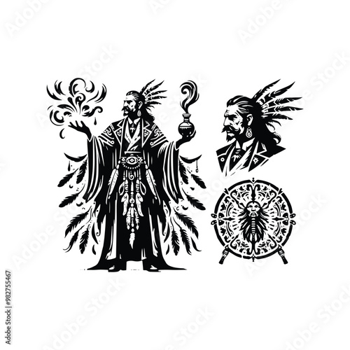 shaman male with victorian flourish decoration in black and white illustrations, cutout graphic