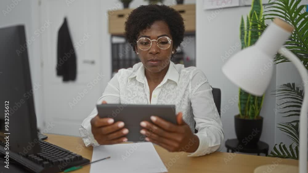 Woman working on digital tablet at office desk wearing glasses and white shirt indoors, concentrating with a smile, showcasing an adult professional setting and modern workspace Woman working on digital tablet at office desk wearing glasses and white shirt indoors, concentrating with a smile, showcasing an adult professional setting and modern workspace