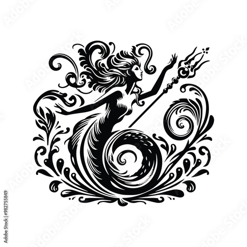 Siren creature with victorian flourish, in black and white illustrations, cutout graphic