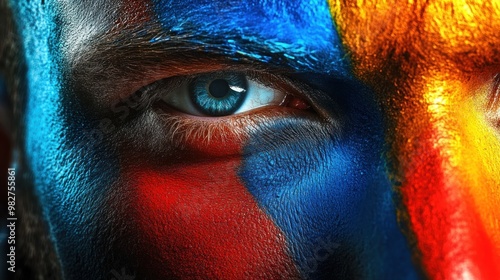 Close-up of a painted face with vibrant colors, emphasizing expression and intensity.