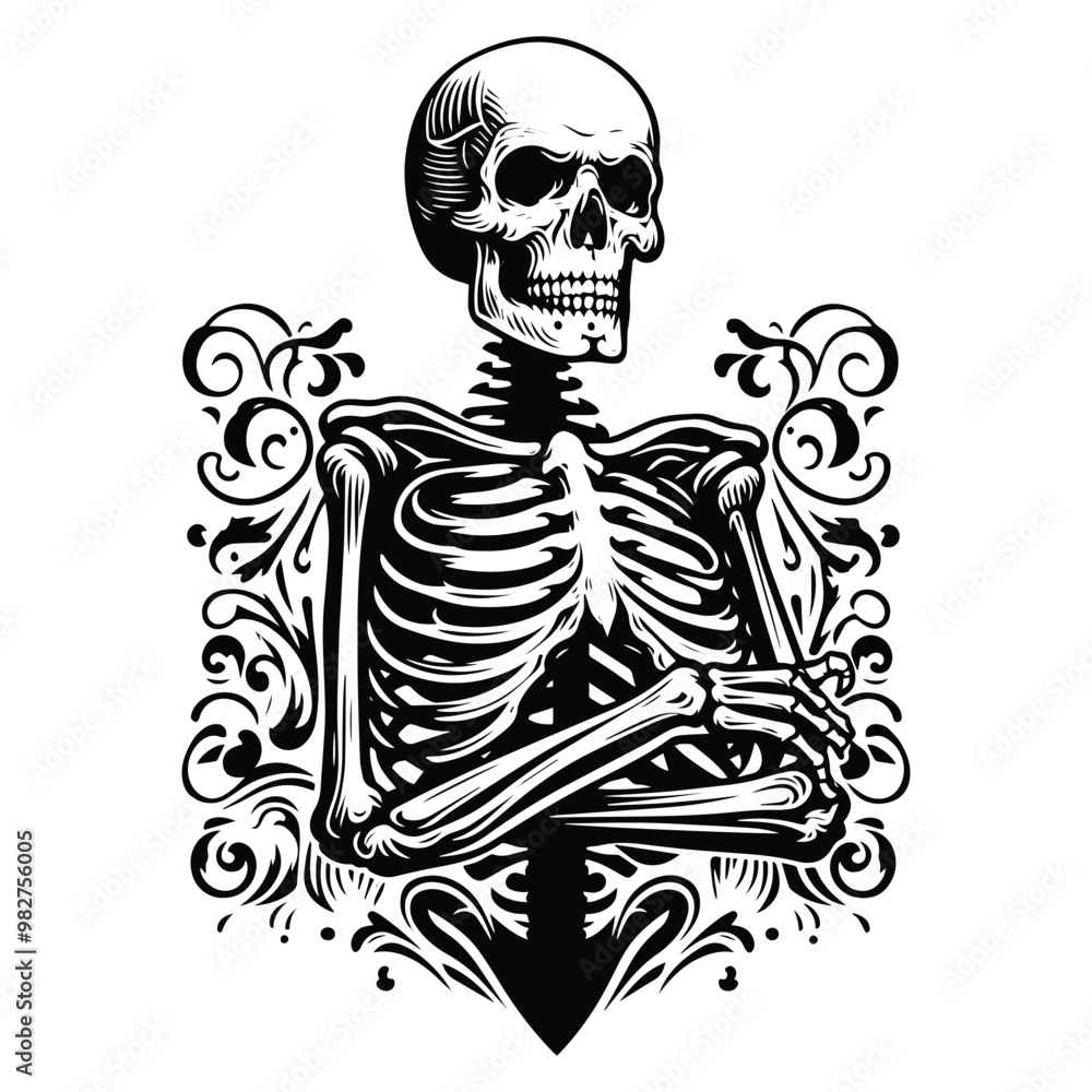 skelleton with victorian flourish decoration in black and white illustrations, cutout graphic skelleton with victorian flourish decoration in black and white illustrations, cutout graphic